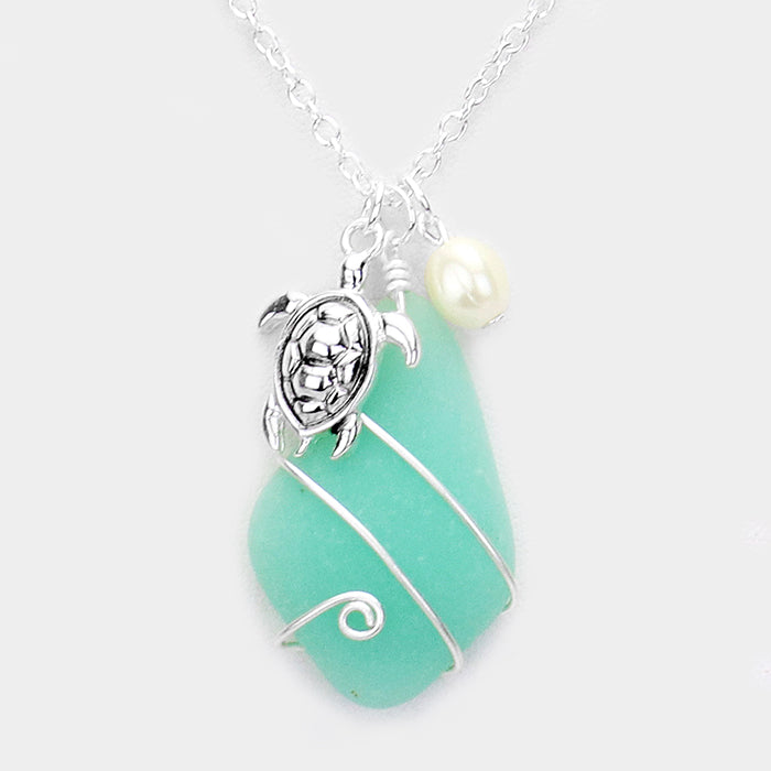 iLLASPARKZ Wire Wrapped Sea Glass Metal Turtle Pearl Pendant Necklace