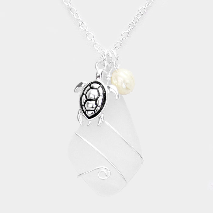 iLLASPARKZ Wire Wrapped Sea Glass Metal Turtle Pearl Pendant Necklace