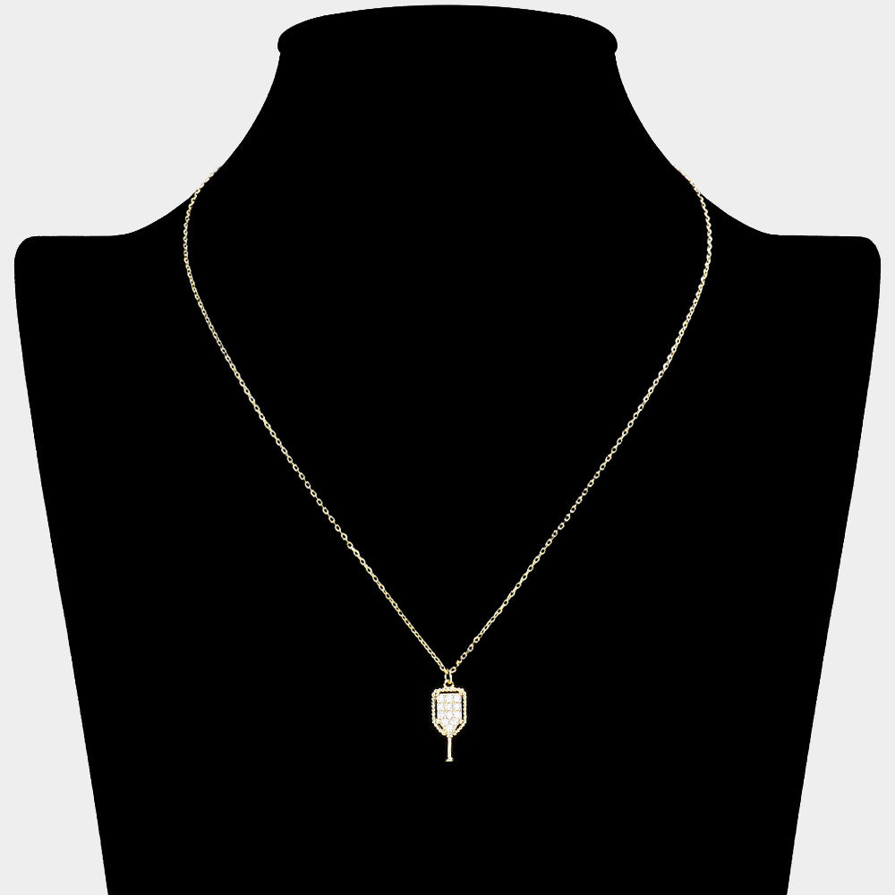 iLLASPARKZ Stone Paved Brass Metal Pickleball Paddle Pendant Necklace