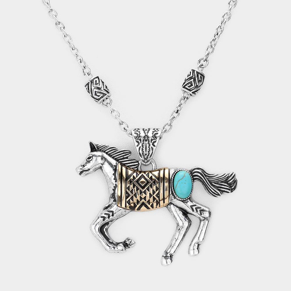 iLLASPARKZ Western Turquoise Stone Accented Vintage Horse Pendant Necklace