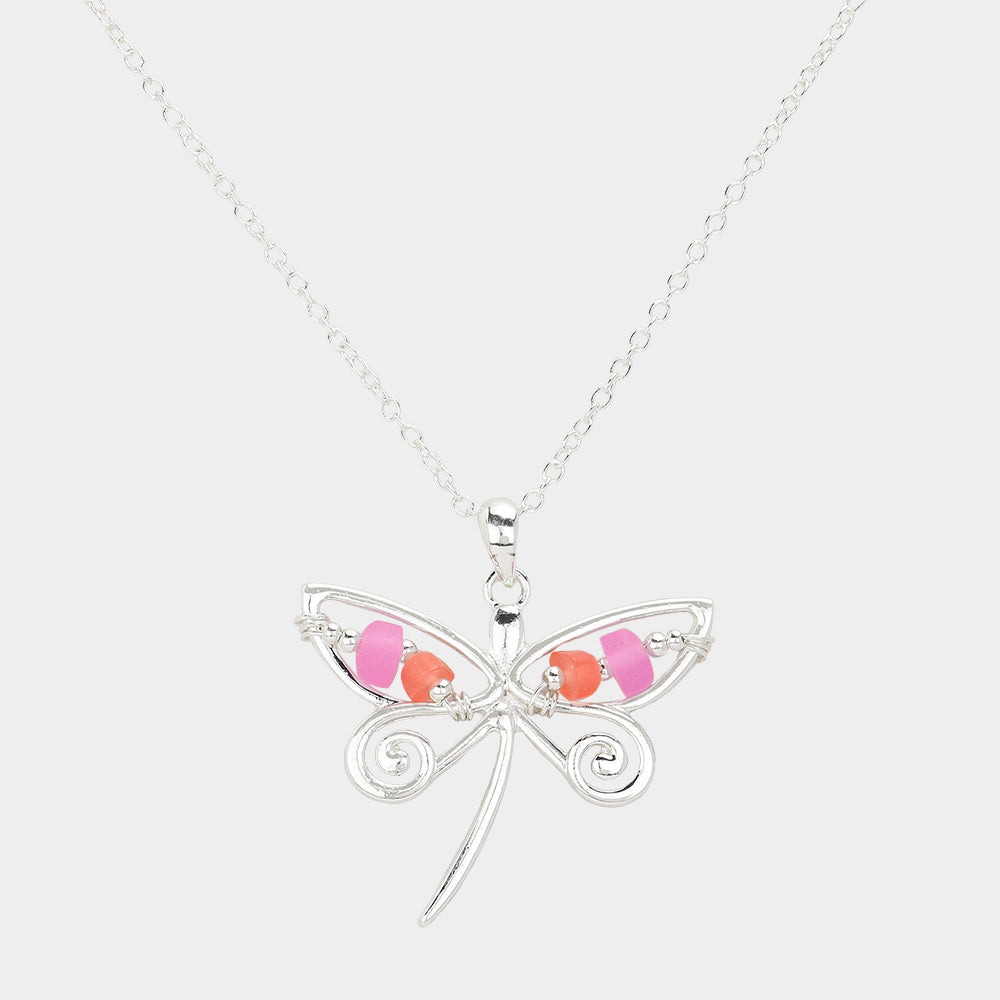 iLLASPARKZ Bean Beads Accented Metal Wire Dragonfly Turtle Pendant Necklace