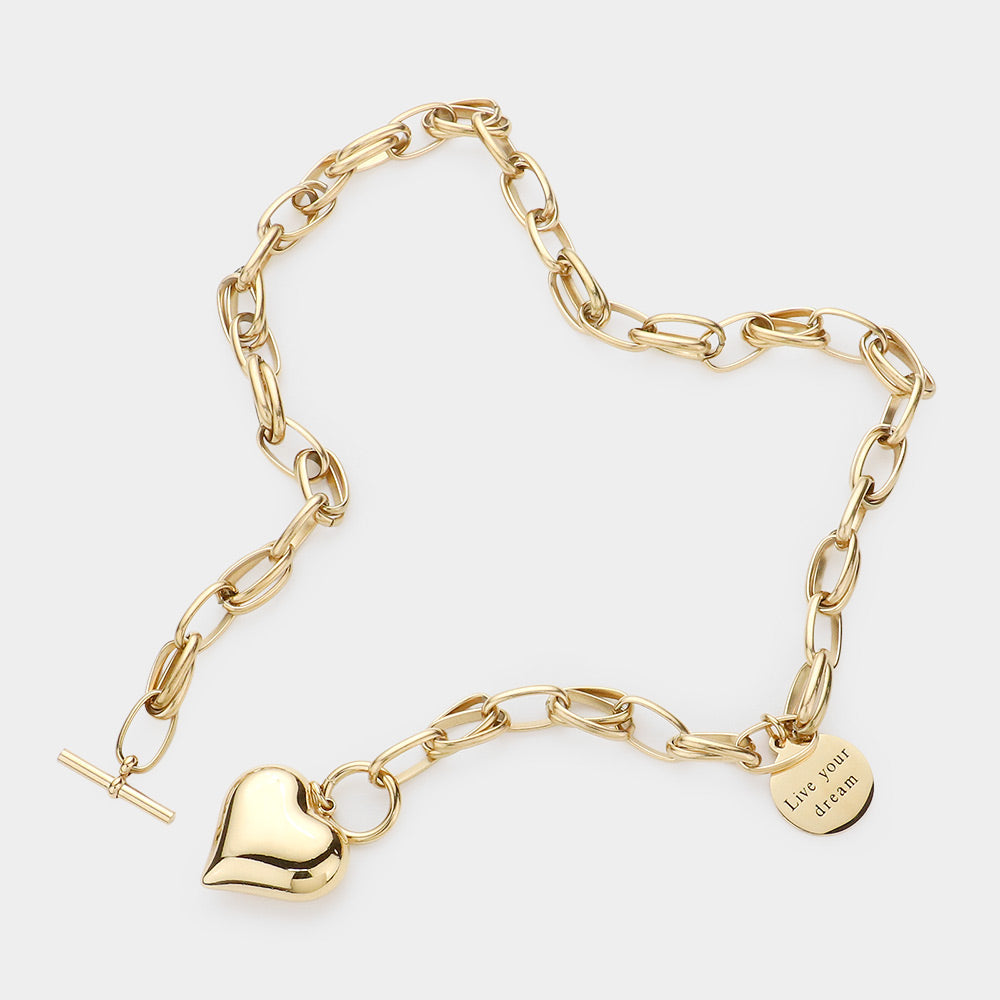iLLASPARKZ Metal Heart Pendant Live Your Dream Message Charm Chain Toggle Necklace