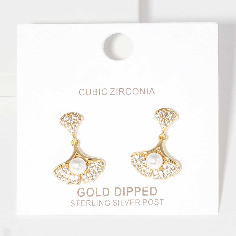 iLLASPARKZ Pearl Accented CZ Gold Dipped Ginkgo Leaf Dangle Earrings