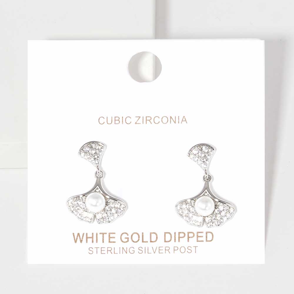 iLLASPARKZ Pearl Accented CZ White Gold Dipped Ginkgo Leaf Dangle Earrings