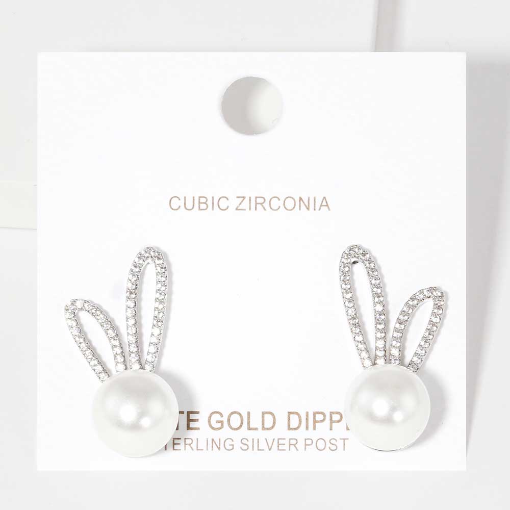 iLLASPARKZ White Gold Dipped CZ Pearl Rabbit Stud Earrings