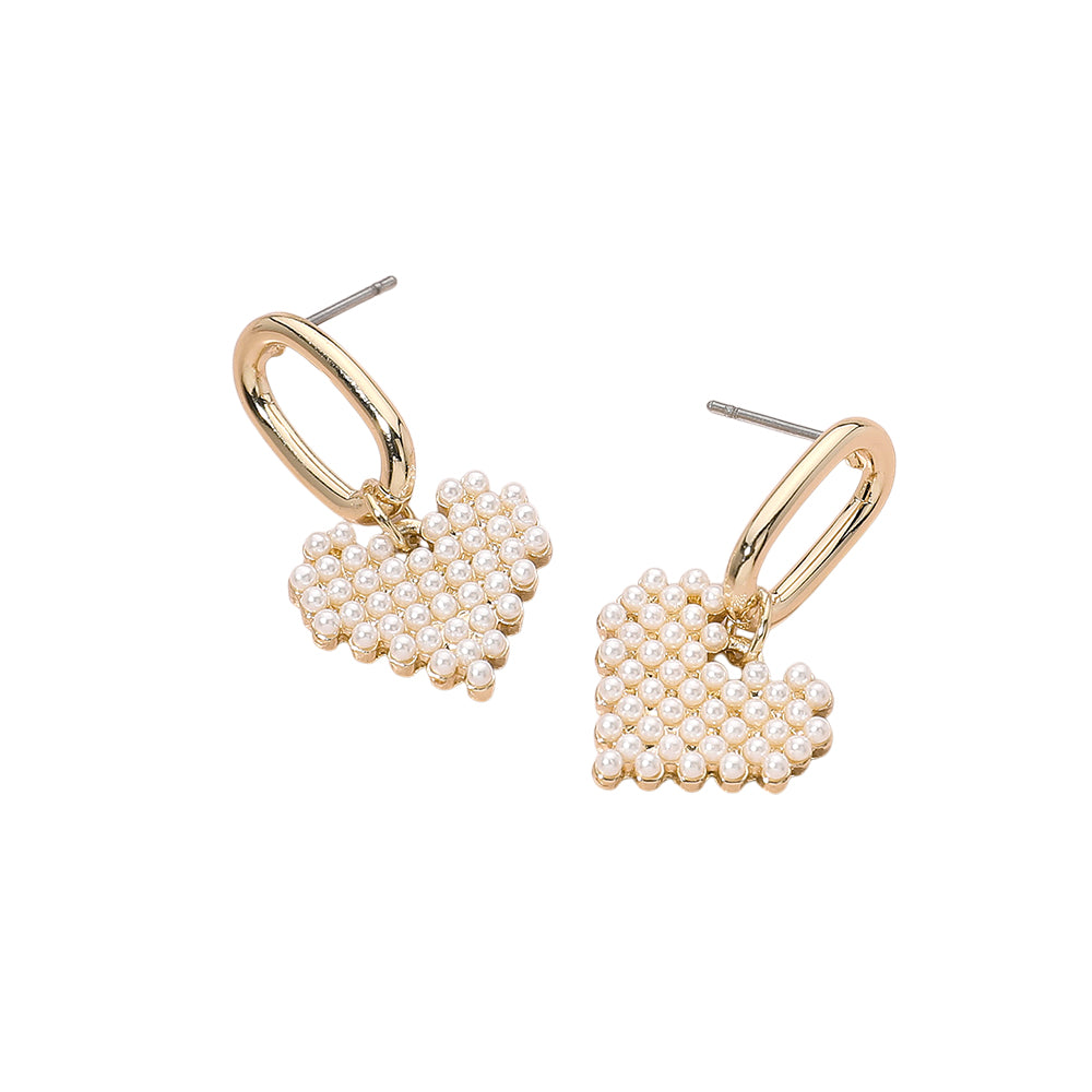 iLLASPARKZ Pearl Paved Heart Charm Dangle Earrings