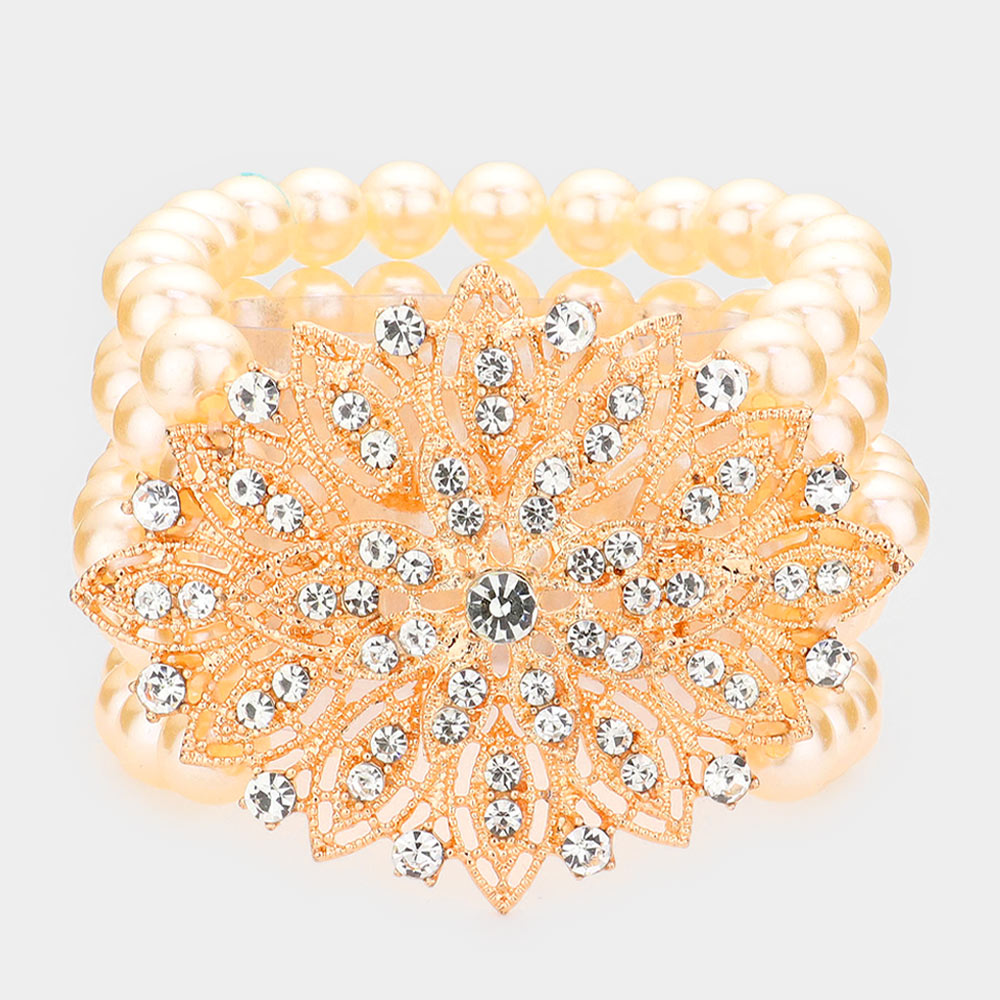 iLLASPARKZ Flower Rhinestone Pave Pearl Stretch Bracelet