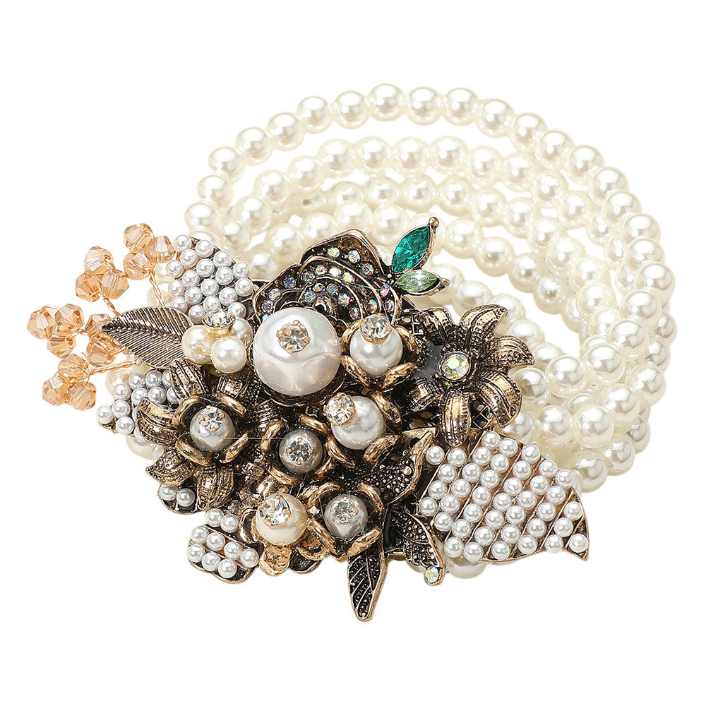 iLLASPARKZ Vintage Floral Pearl Multi Layered Strand Stretch Bracelet