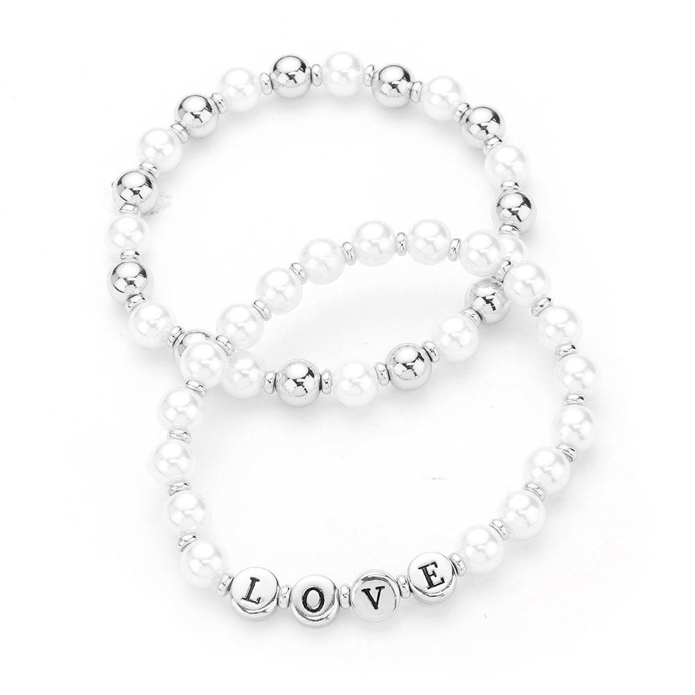 iLLASPARKZ 2PCS - LOVE Pearl Metal Ball Stretch Message Bracelets
