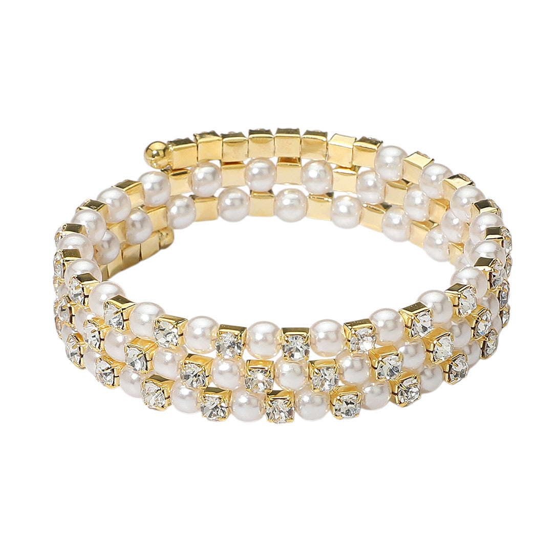 iLLASPARKZ Pearl Rhinestone Lined Adjustable Coil Evening Bracelet