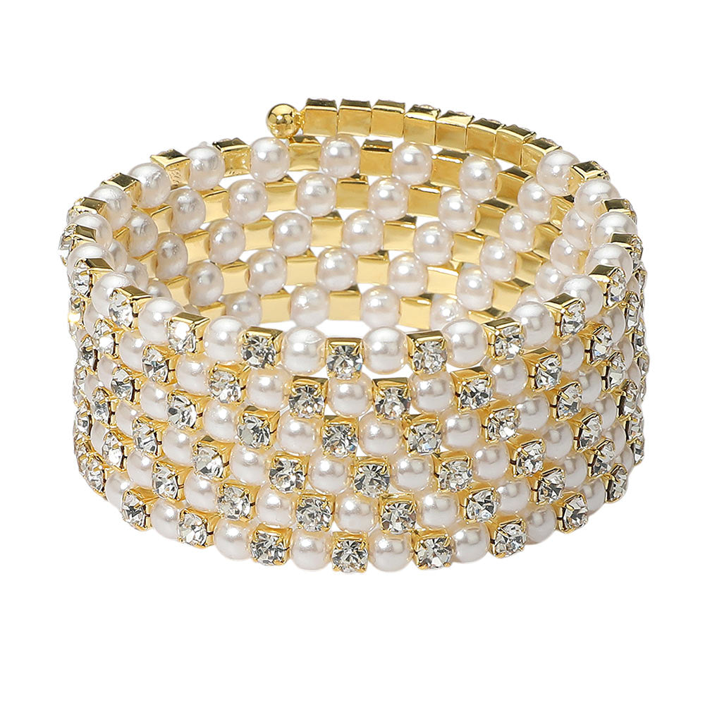 iLLASPARKZ Wide Pearl Rhinestone Lined Adjustable Coil Evening Bracelet