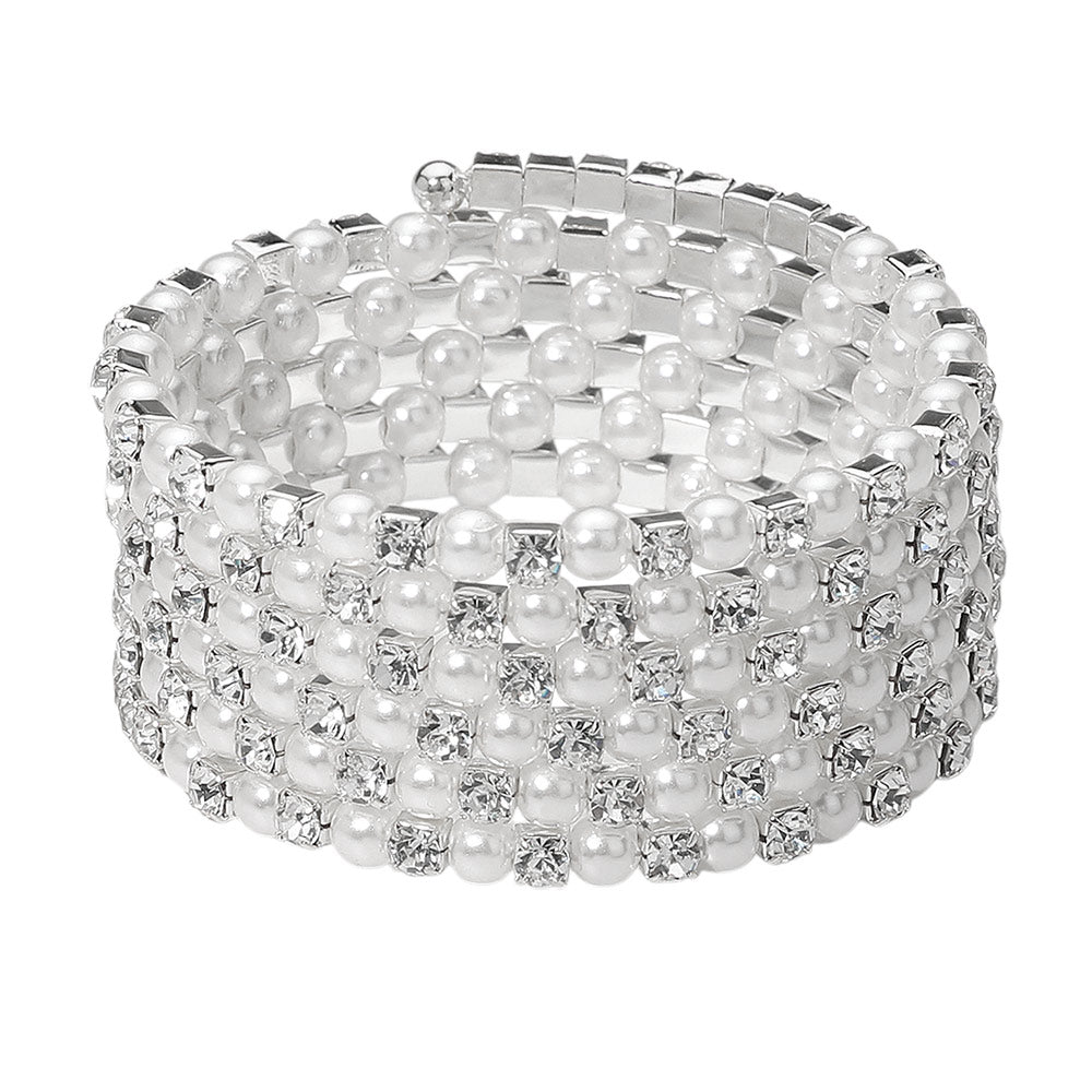 iLLASPARKZ Wide Pearl Rhinestone Lined Adjustable Coil Evening Bracelet