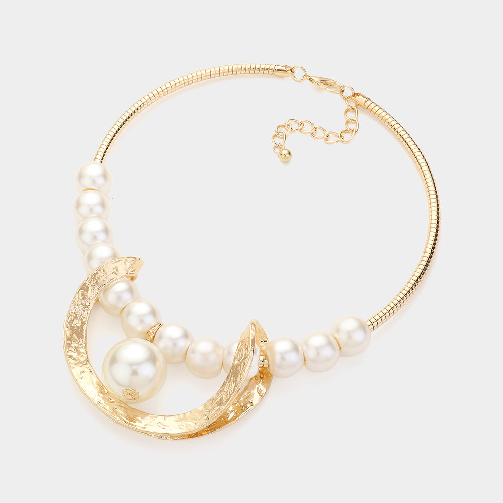 iLLASPARKZ Pearl Pointed Textured Metal Crescent Pendant Statement Necklace
