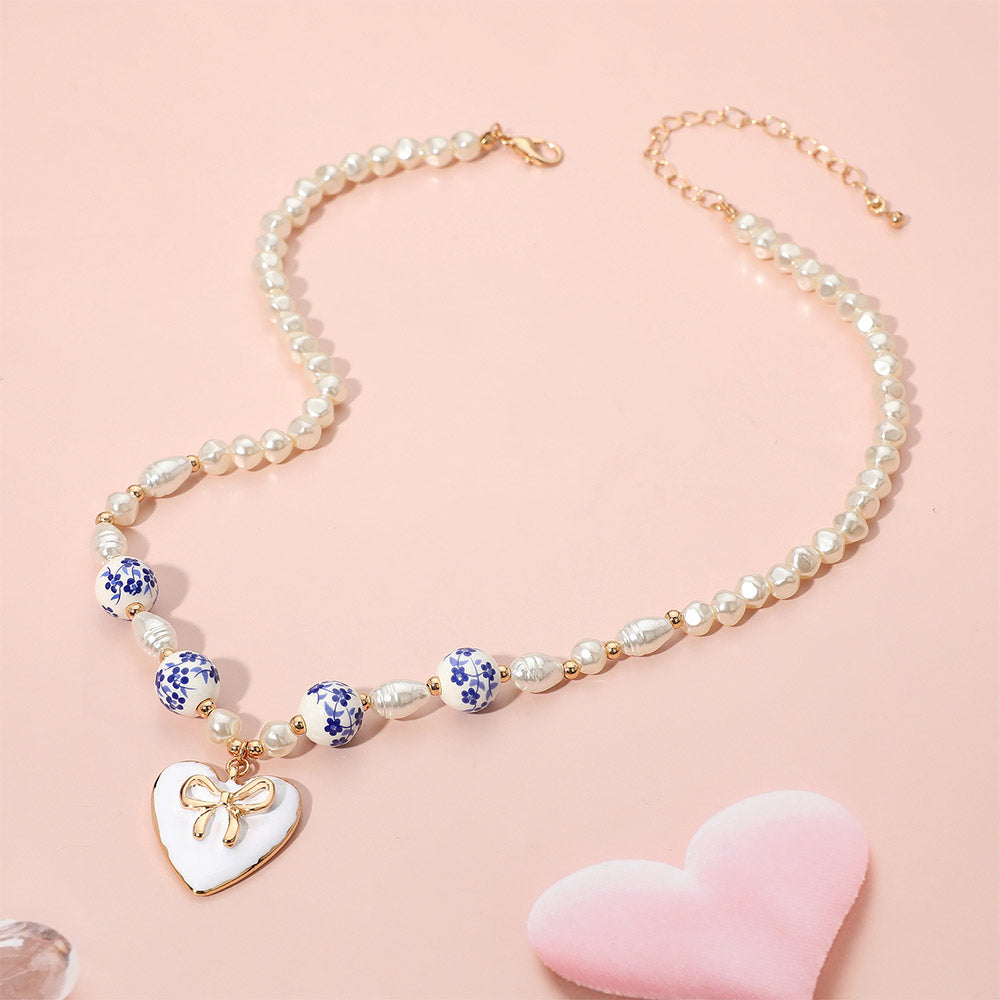 iLLASPARKZ Bow Heart Pendant Accent Floral Ceramic Ball Pearl Beaded Necklace