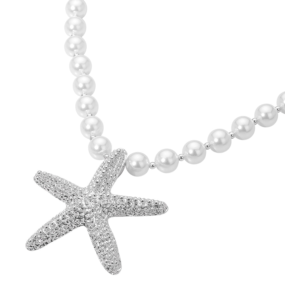 iLLASPARKZ 18K Gold Dipped Textured Metal Starfish Pendant Accent Pearl Statement Necklace