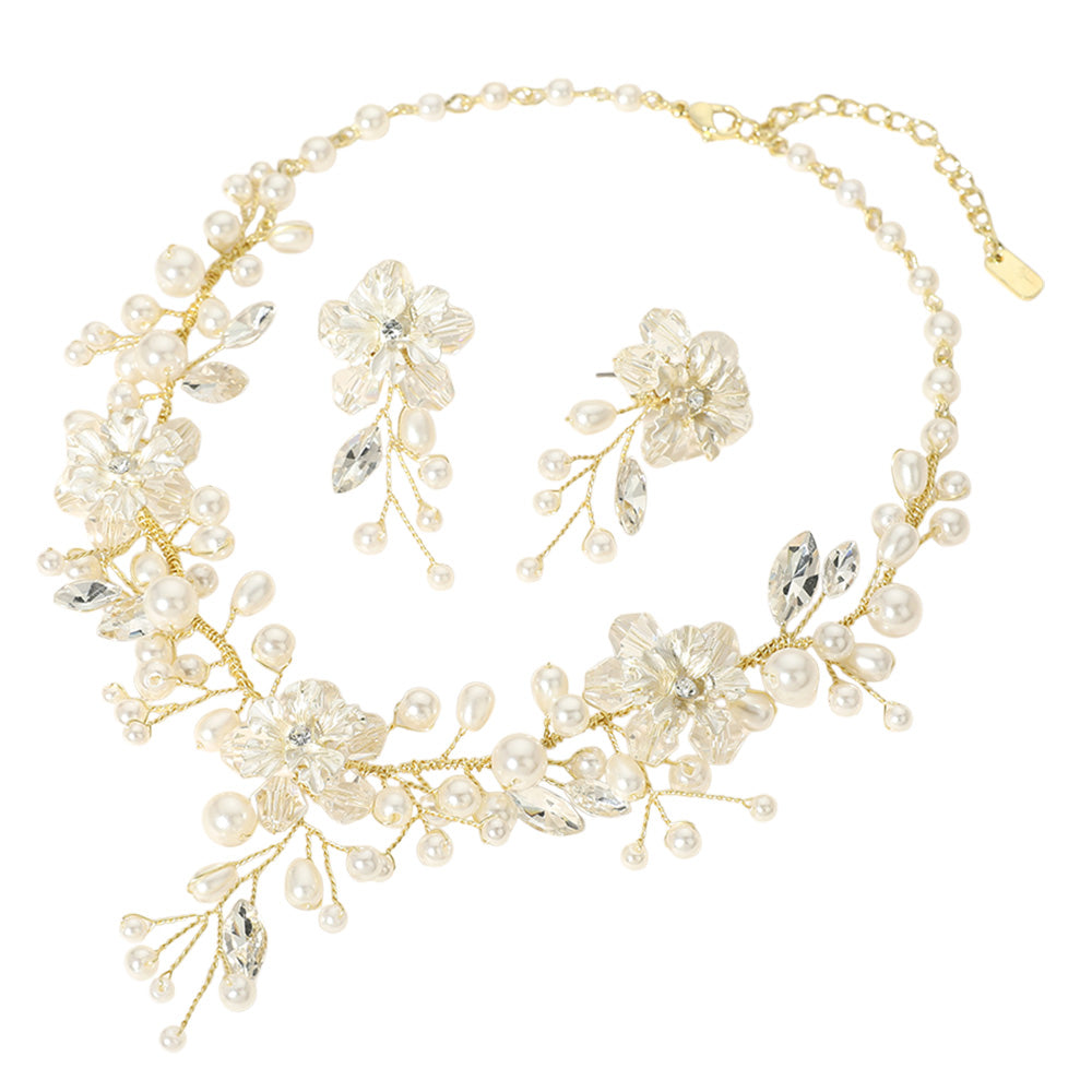iLLASPARKZ Wired Metal Flower Pearl Embellished Evening Necklace