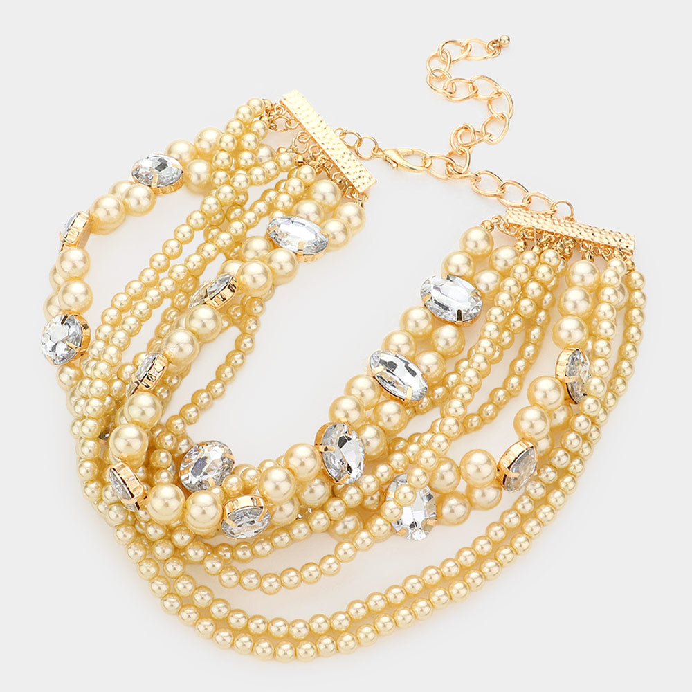 iLLASPARKZ Oval Stone Pointed Multi Layered Pearl Choker Necklace