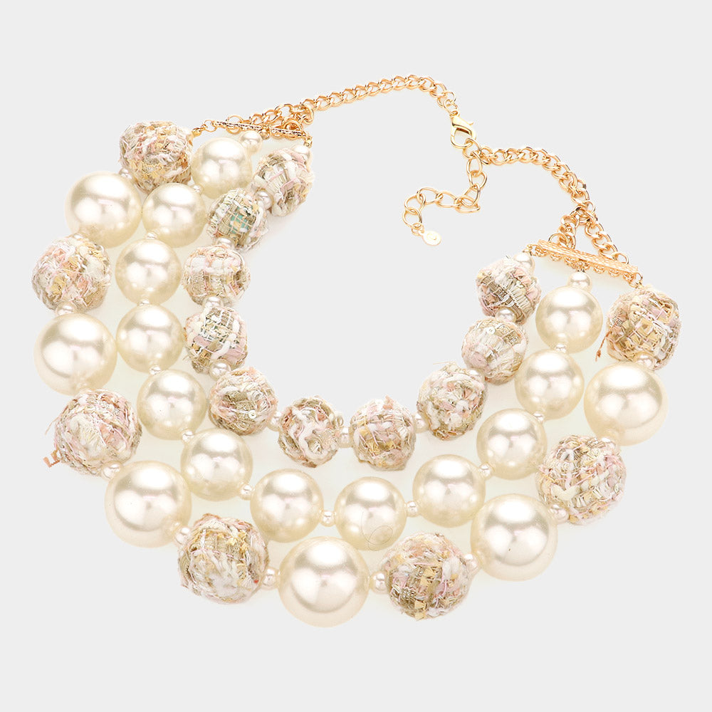 iLLASPARKZ Tweed Fabric Ball Pearl Triple Layered Bib Necklace