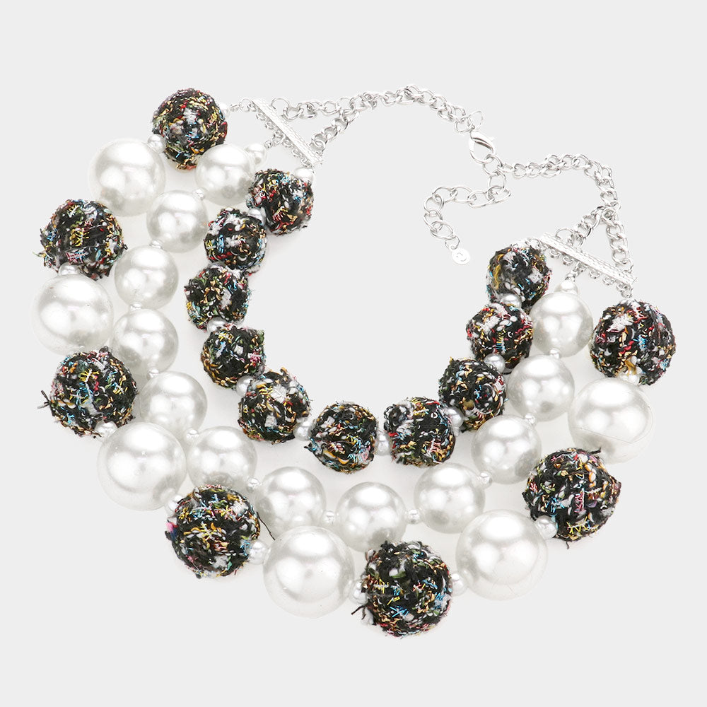 iLLASPARKZ Tweed Fabric Ball Pearl Triple Layered Bib Necklace