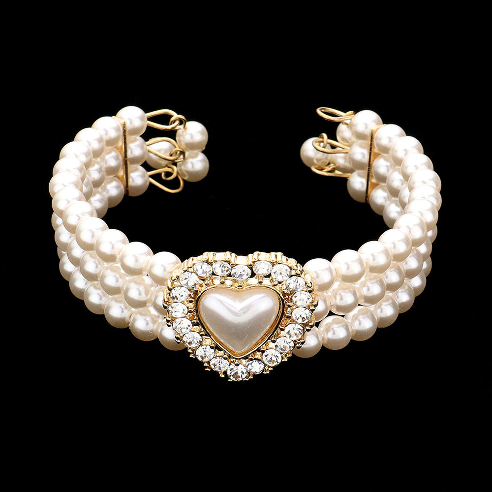 iLLASPARKZ 3PCS - Pearl Heart Pendant 3-Row Choker Necklace Jewelry Set