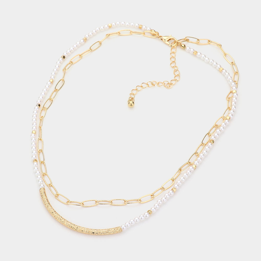 iLLASPARKZ Curved Metal Tube Accented Pearl Open Oval Link Double Layered Necklace