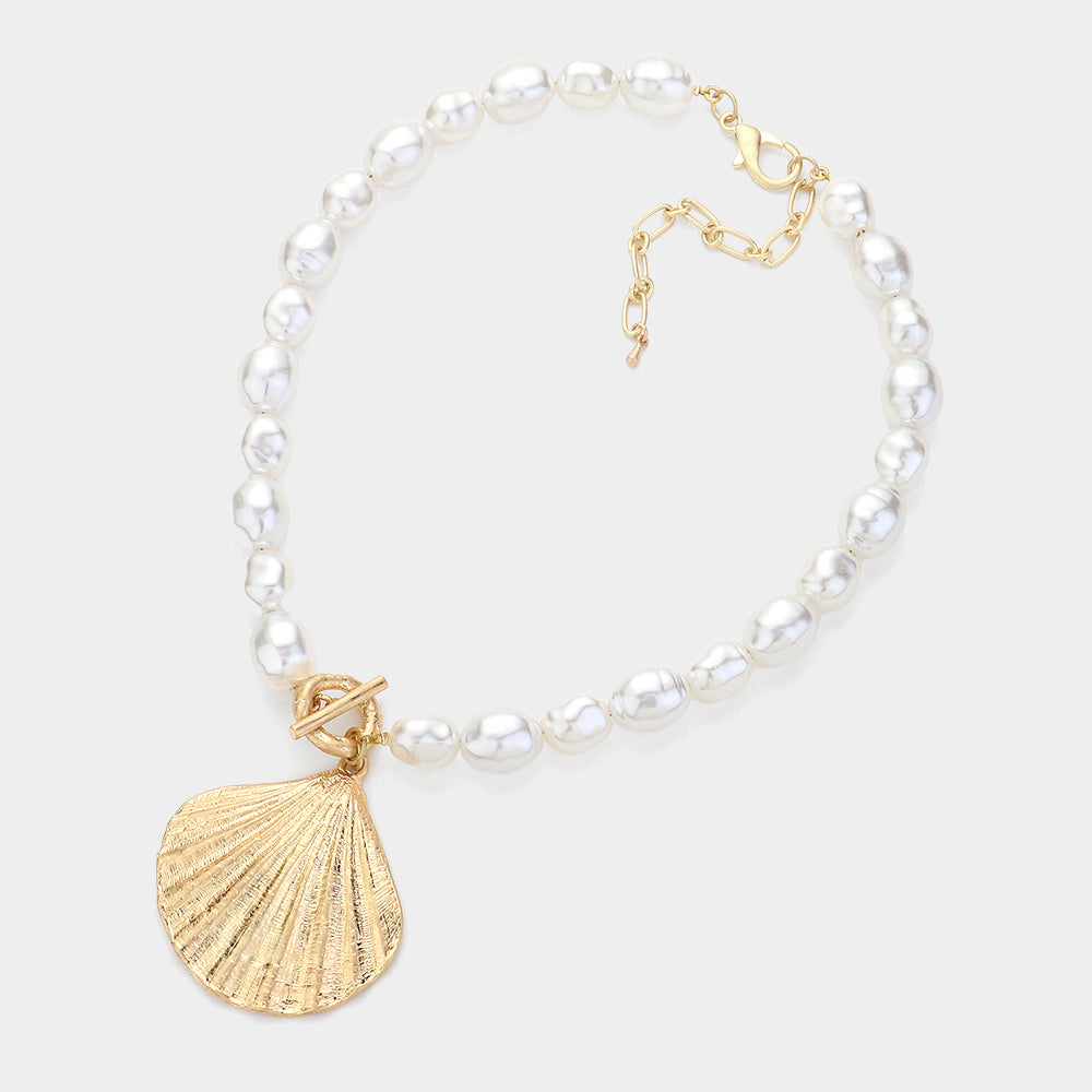 iLLASPARKZ Metal Shell Pendant Pearl Toggle Necklace