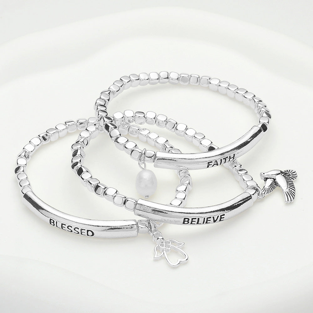 iLLASPARKZ 3PCS - Believe Blessed Faith Message Pearl Pigeon Angel Charm Stretchable Religious Bracelets