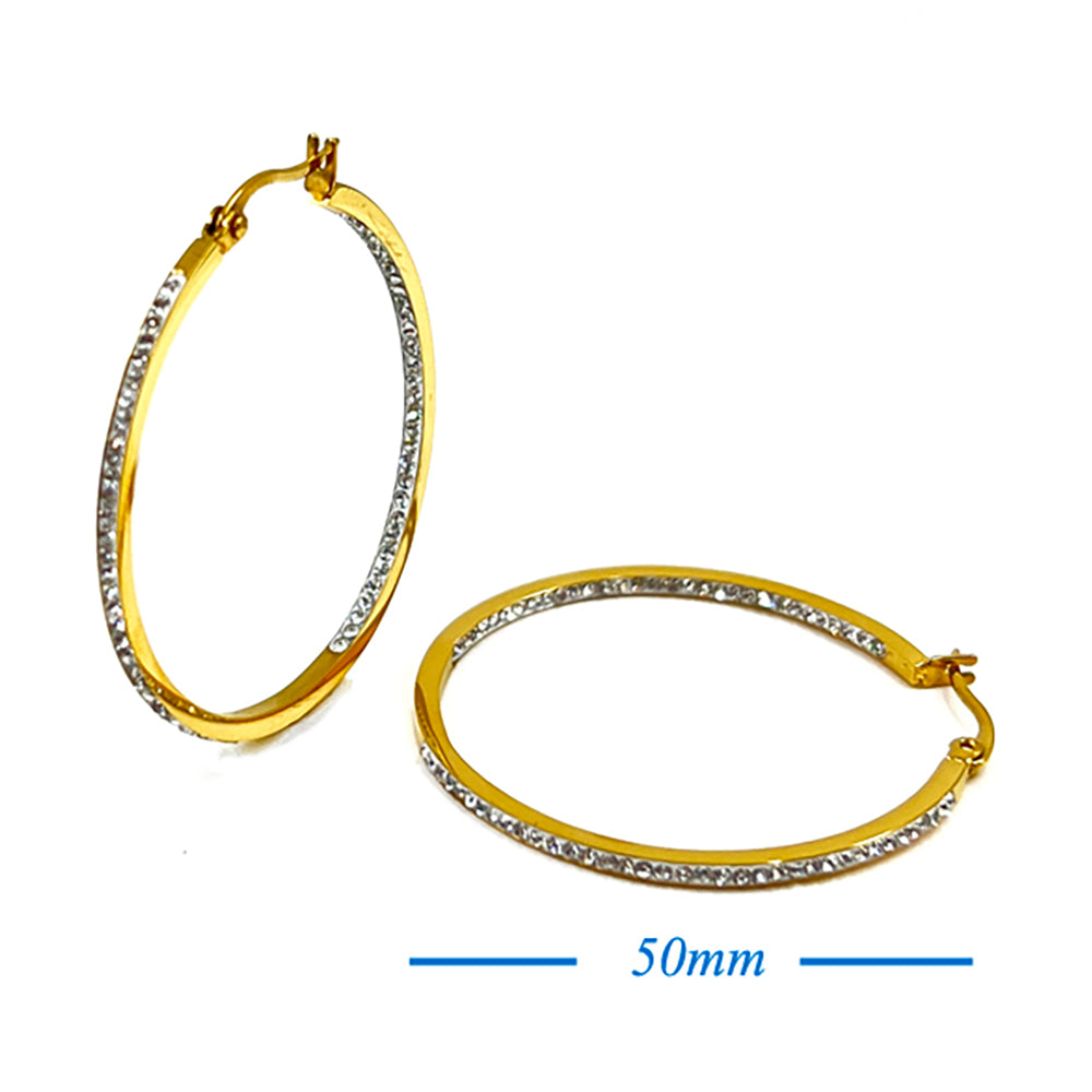 18K Gold Dipped Stainless Steel 2 Inch Inside Out Rhinestone Hoop Pin Catch Earrings