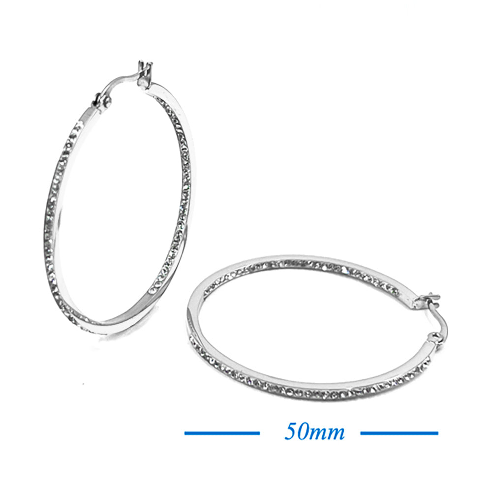 Stainless Steel 2 Inch Inside Out Rhinestone Hoop Pin Catch Earrings