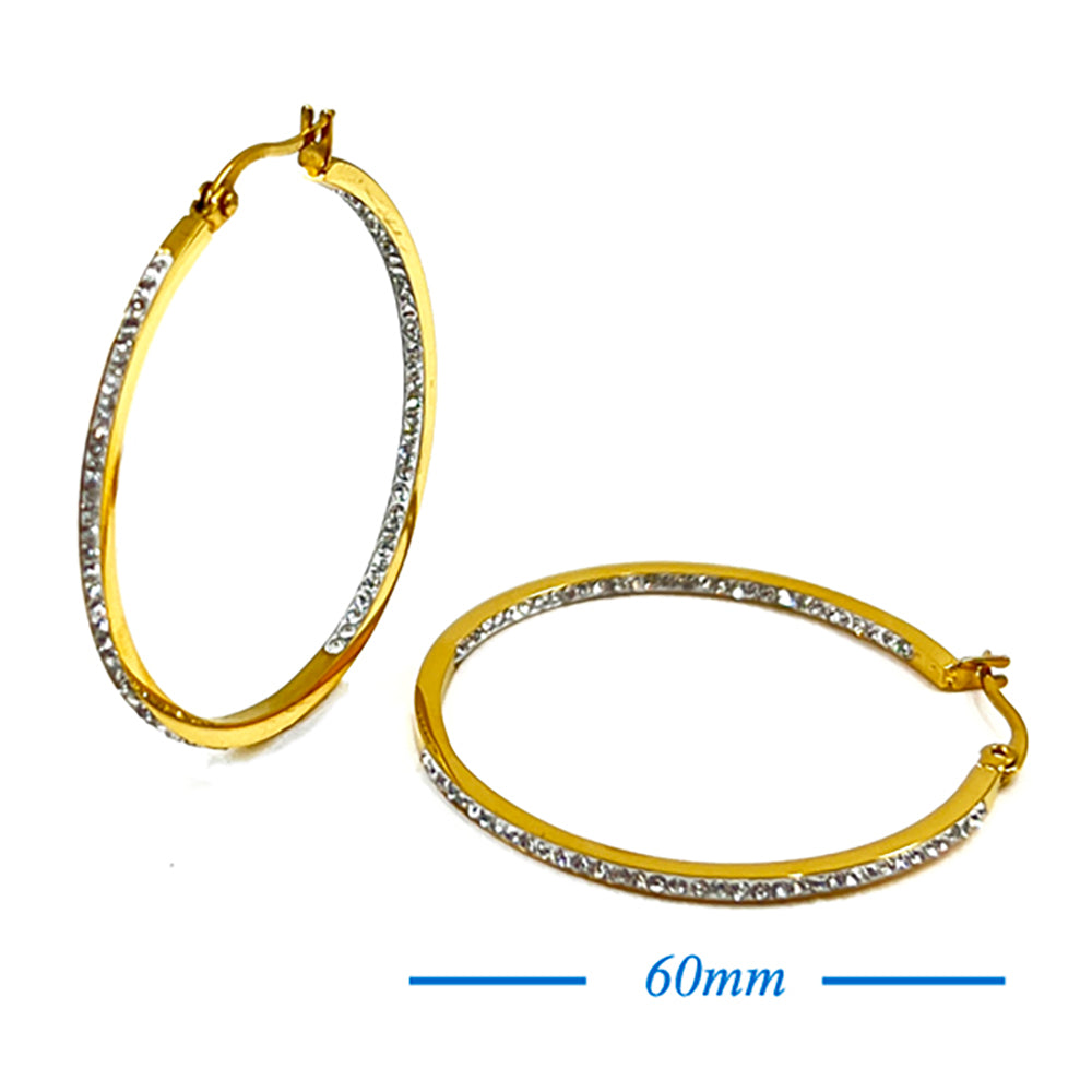 18K Gold Dipped Stainless Steel 2.5 Inch Inside Out Rhinestone Hoop Pin Catch Earrings