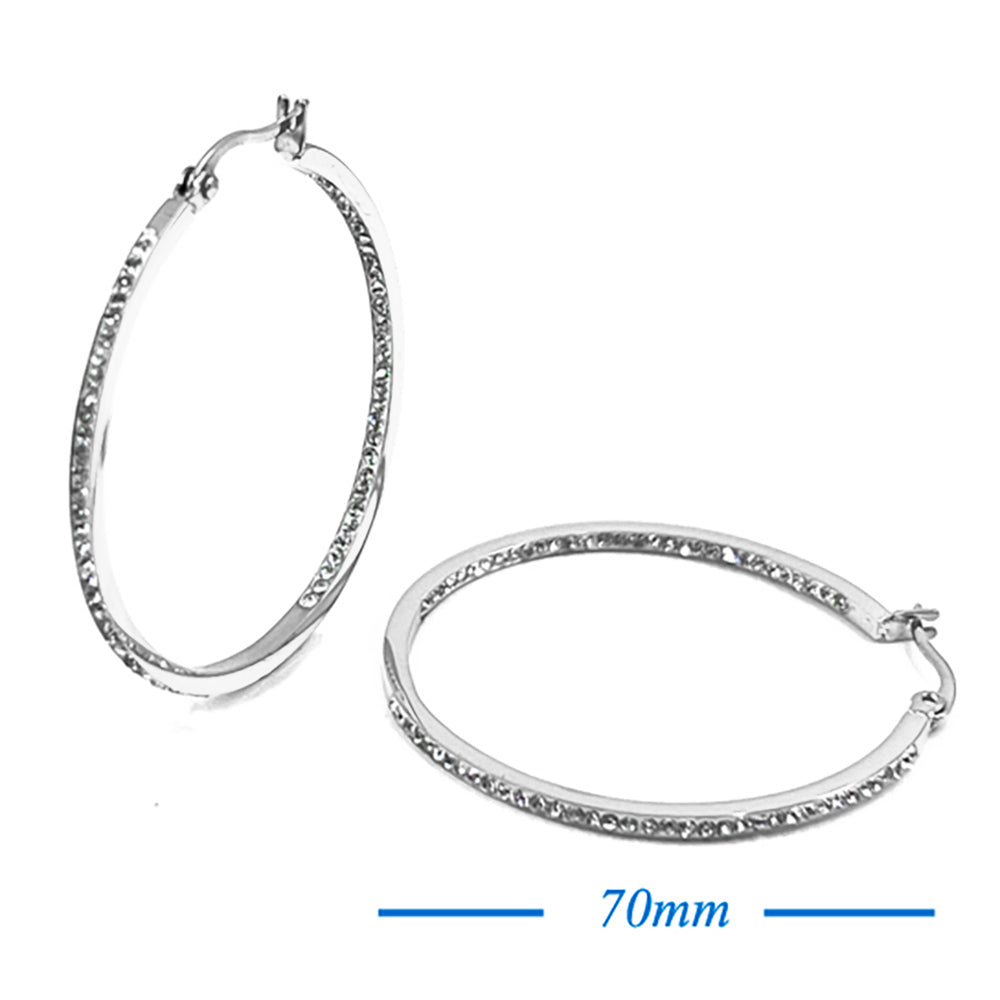 Stainless Steel 2.75 Inch Inside Out Rhinestone Hoop Pin Catch Earrings