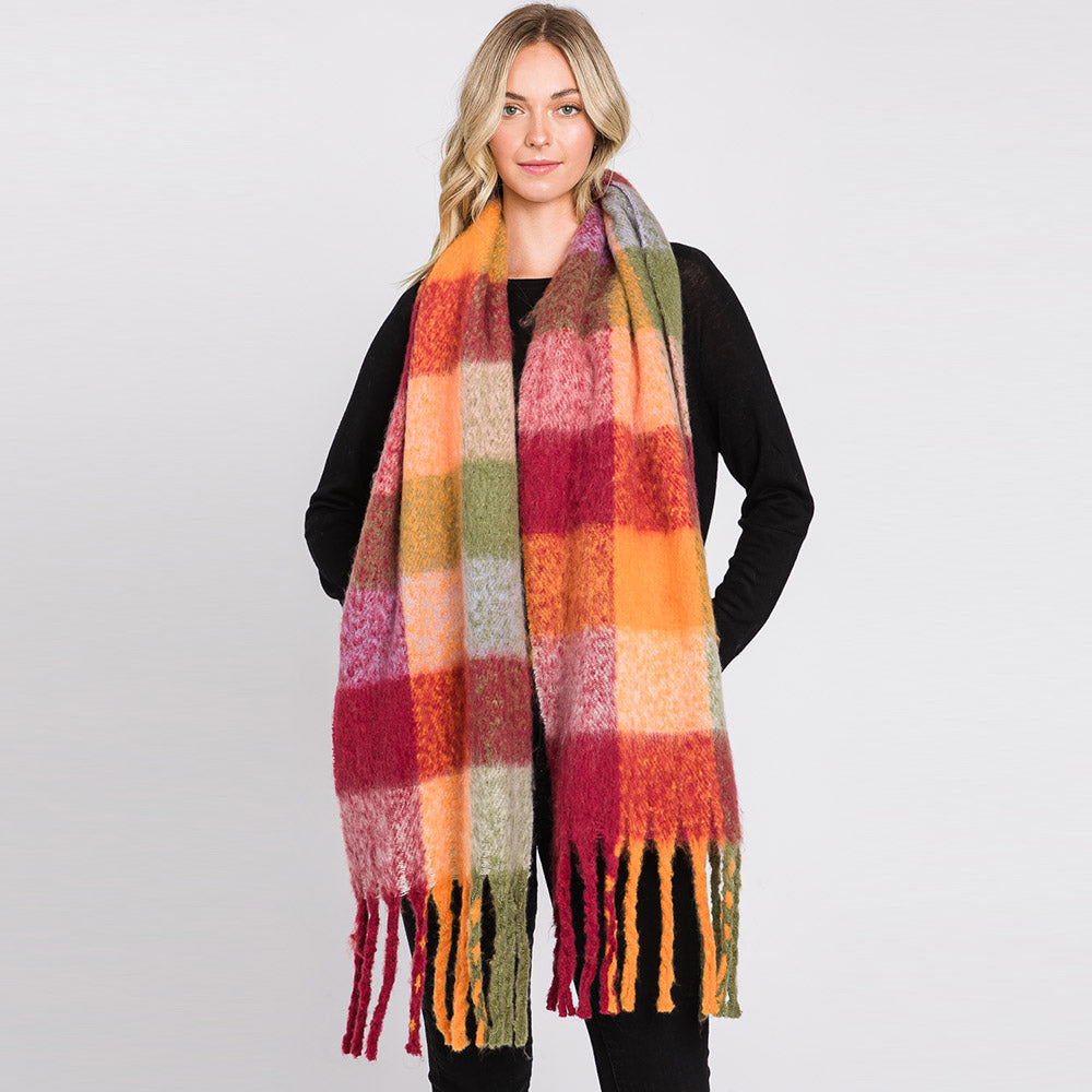 iLLASPARKZ Multi Colored Plaid Check Patterned Fringe Oblong Scarf