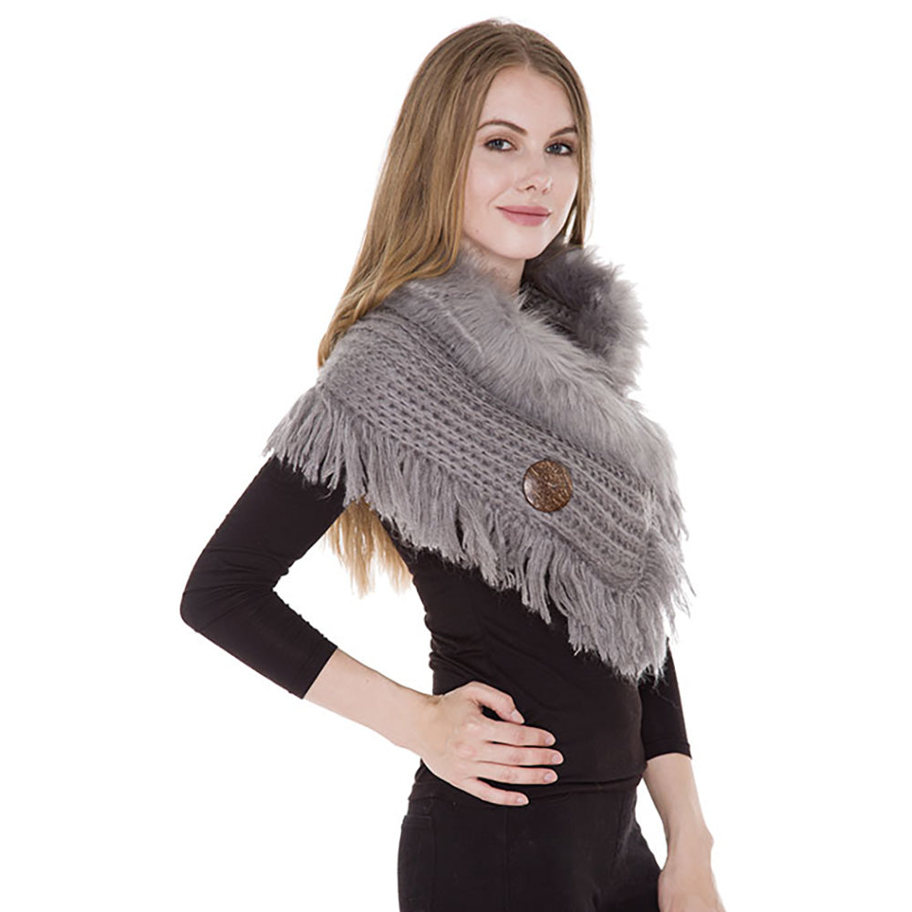 iLLASPARKZ Faux Fur Collar Detail Cable Knit Tassel Shawl Scarf