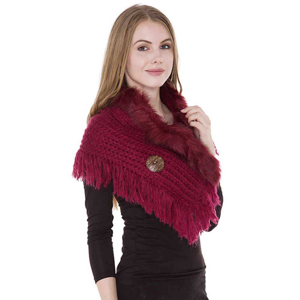 iLLASPARKZ Faux Fur Collar Detail Cable Knit Tassel Shawl Scarf