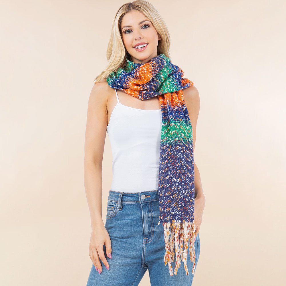 iLLASPARKZ Oversized Cozy Fringed Hem Textured Woven Color Block Scarf