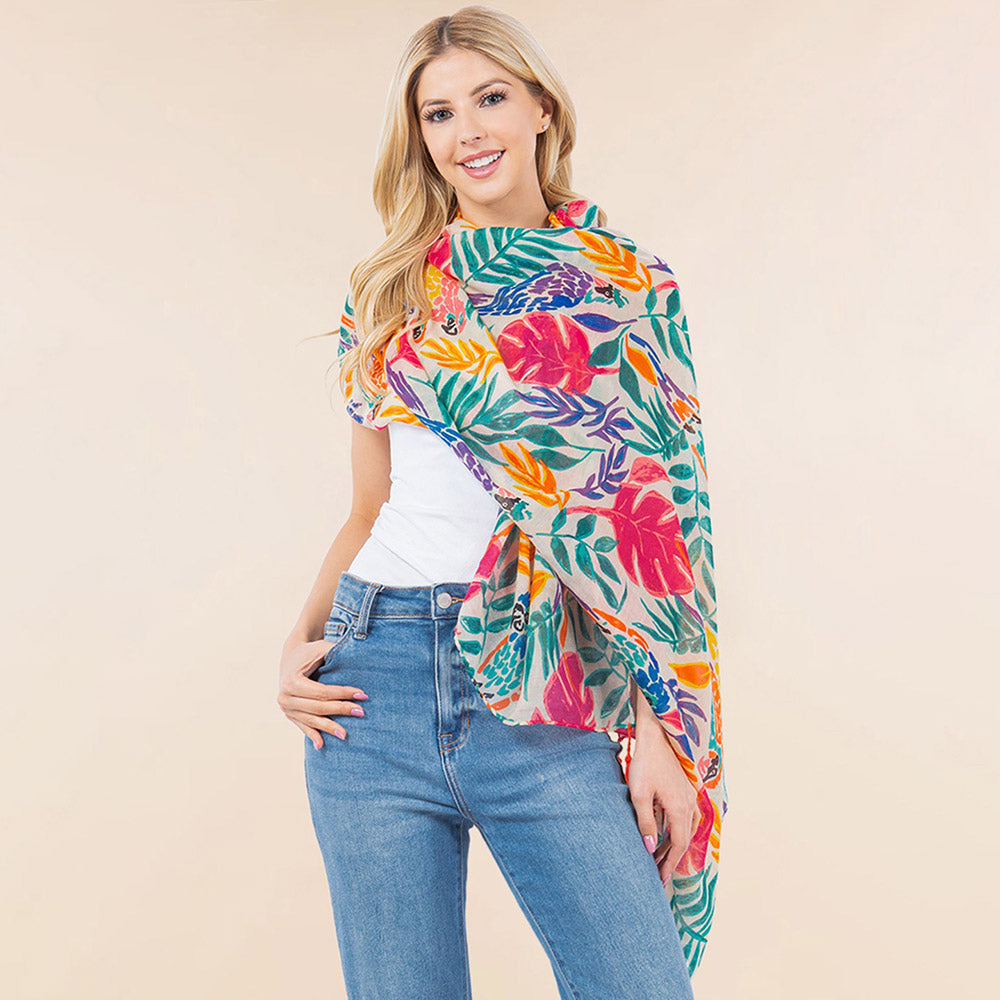 iLLASPARKZ Lightweight Vibrant Tropical Leaf Floral Tassel Scarf