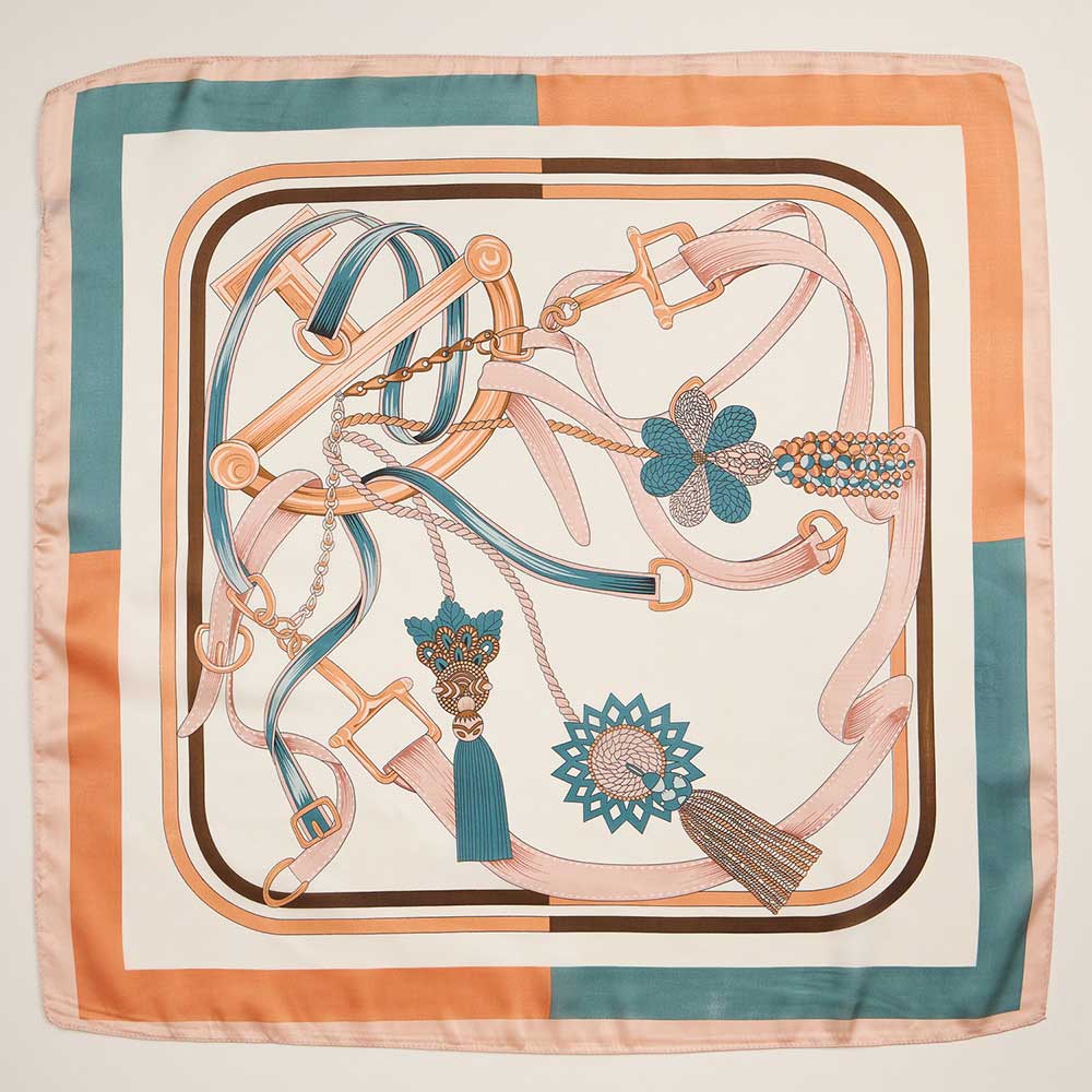 iLLASPARKZ Equestrian Inspired Tassel and Buckle Printed Square Silky Satin Scarf