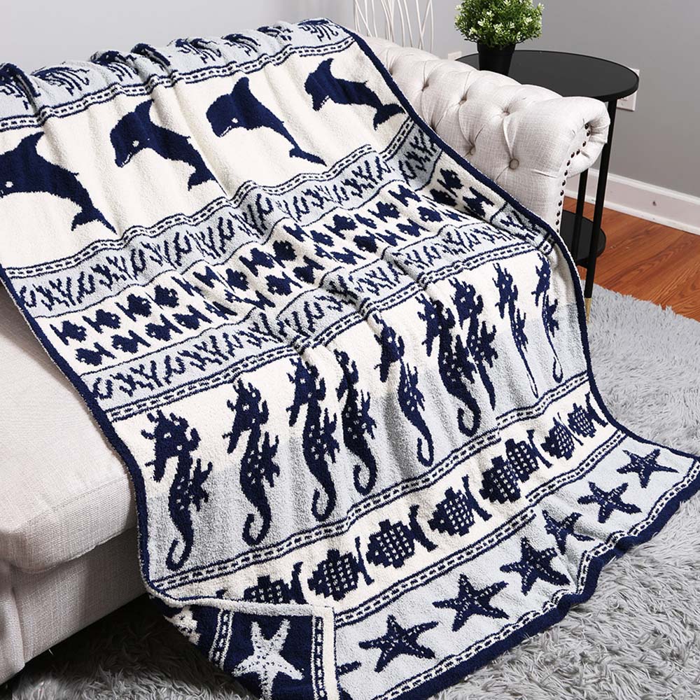 iLLASPARKZ Dolphin Seahorse Fish Starfish Patterned Reversible Throw Blanket