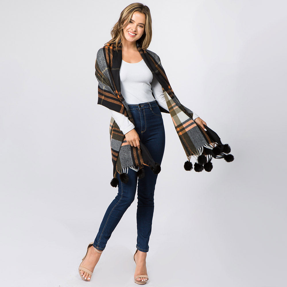 iLLASPARKZ Faux Fur Pom Pom Tassel Plaid Scarf