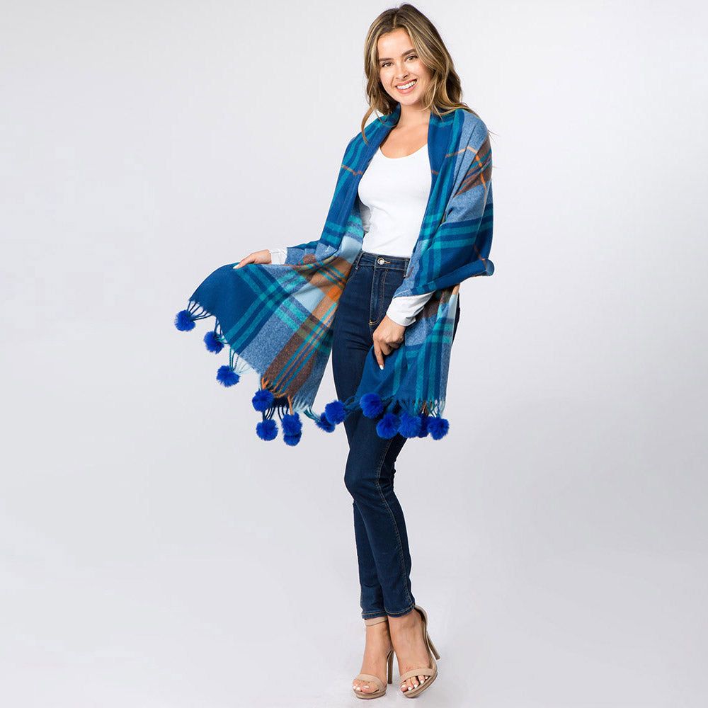 iLLASPARKZ Faux Fur Pom Pom Tassel Plaid Scarf