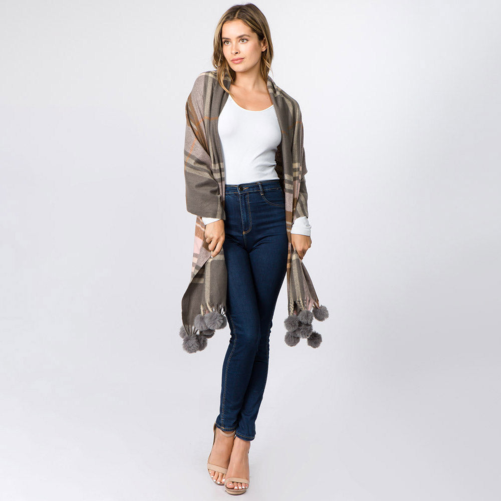 iLLASPARKZ Faux Fur Pom Pom Tassel Plaid Scarf