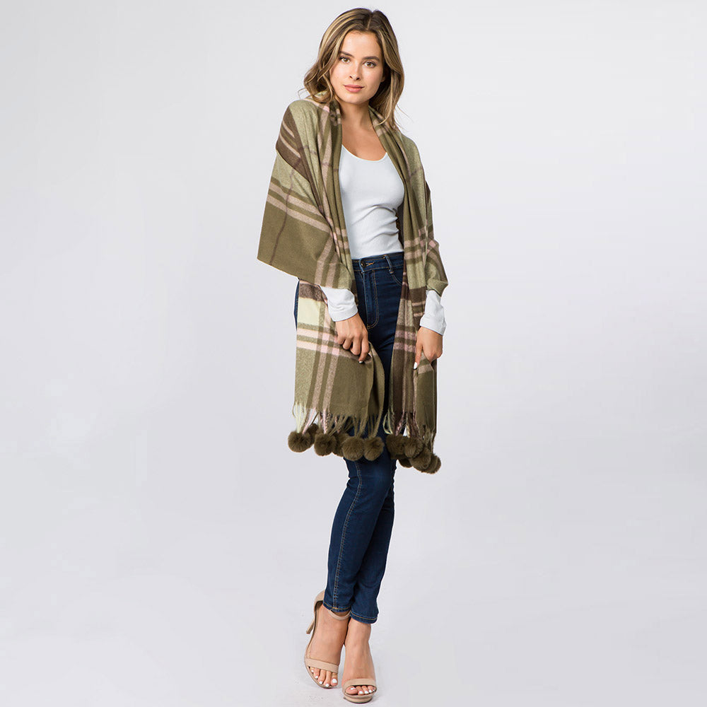 iLLASPARKZ Faux Fur Pom Pom Tassel Plaid Scarf