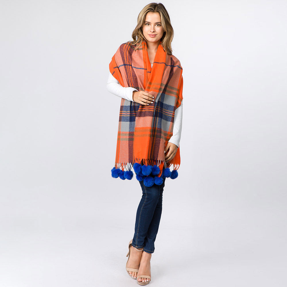 iLLASPARKZ Faux Fur Pom Pom Tassel Plaid Scarf