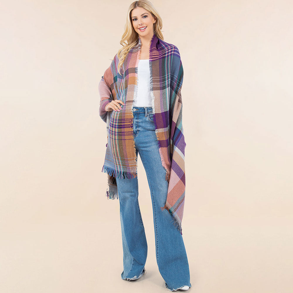 iLLASPARKZ Oversized Frayed Edge Soft Weave Plaid Scarf