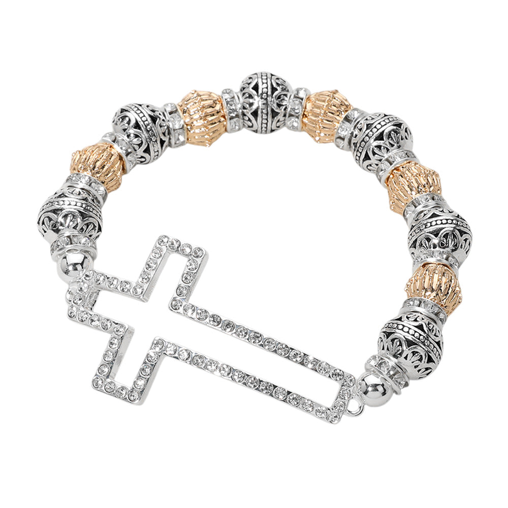 iLLASPARKZ Stone Paved Open Cross Antique Metal Ball Beaded Stretch Bracelet