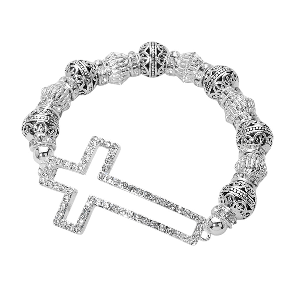 iLLASPARKZ Stone Paved Open Cross Antique Metal Ball Beaded Stretch Bracelet