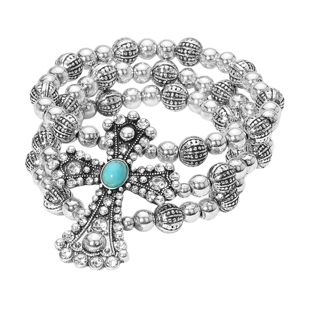 iLLASPARKZ Turquoise Stone Accented Antique Metal Cross Metal Ball Beaded Triple Layered Stretch Bracelet