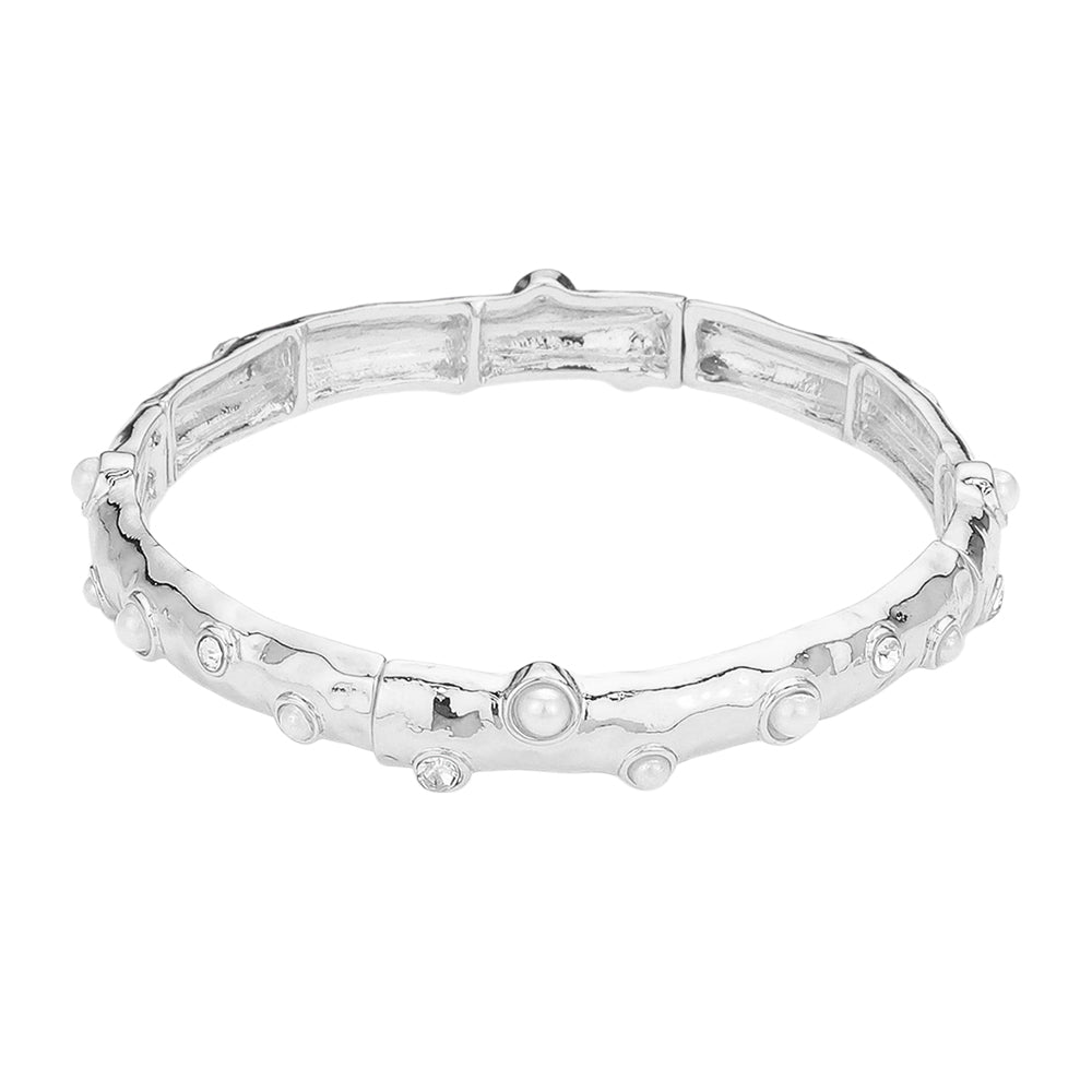 iLLASPARKZ Pearl Embellished Metal Bar Beaded Stretch Bracelet