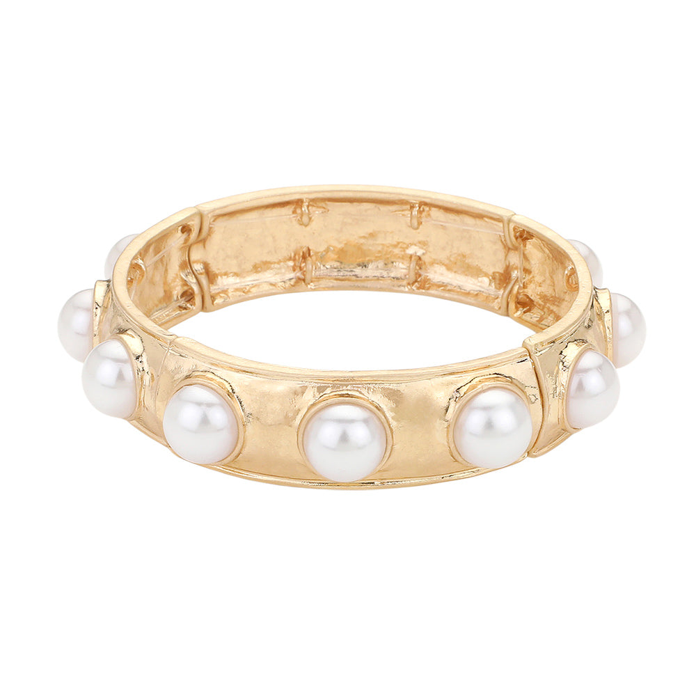 iLLASPARKZ Pearl Embellished Hammered Metal Stretch Bracelet