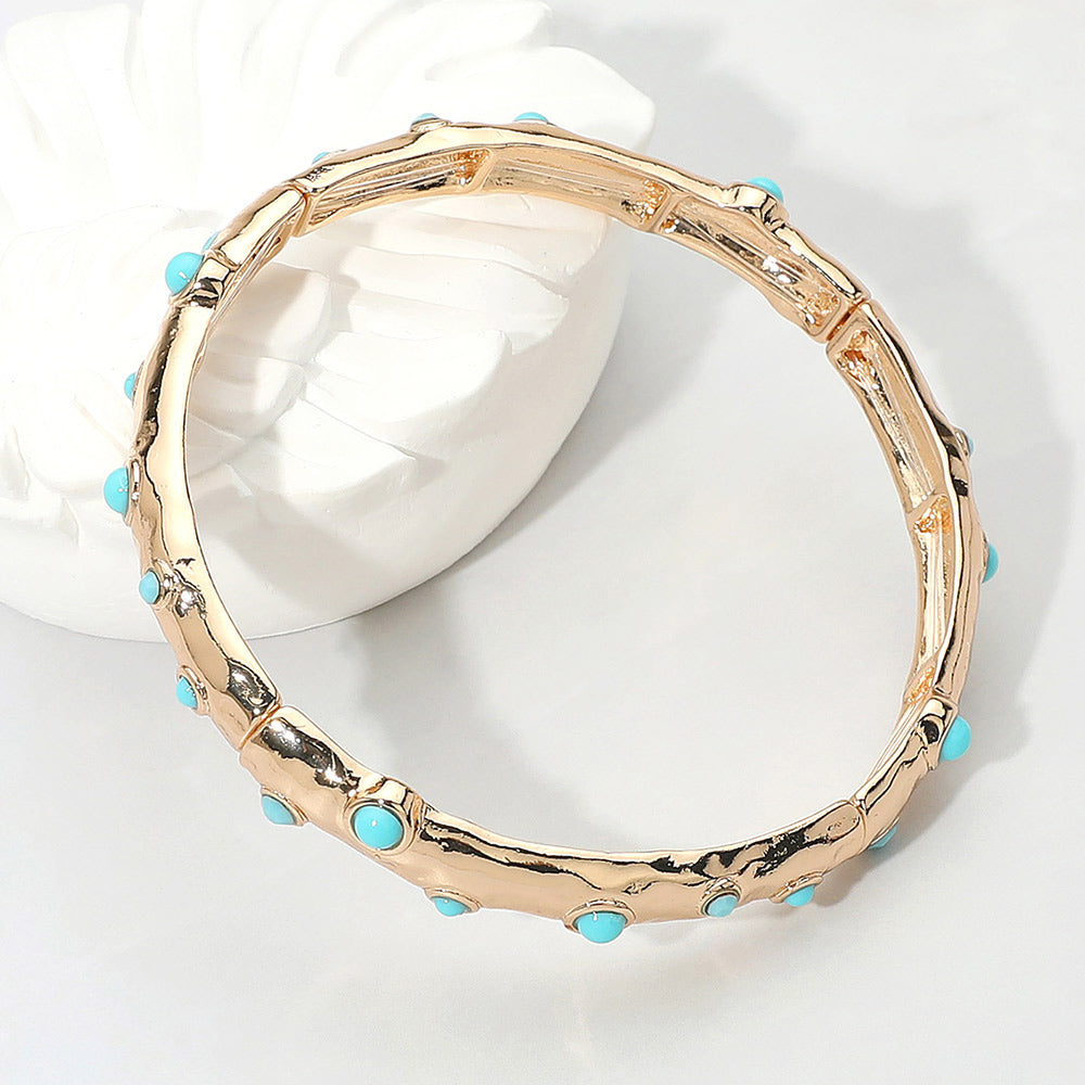 iLLASPARKZ Turquoise Stone Embellished Hammered Metal Bar Beaded Stretch Bracelet